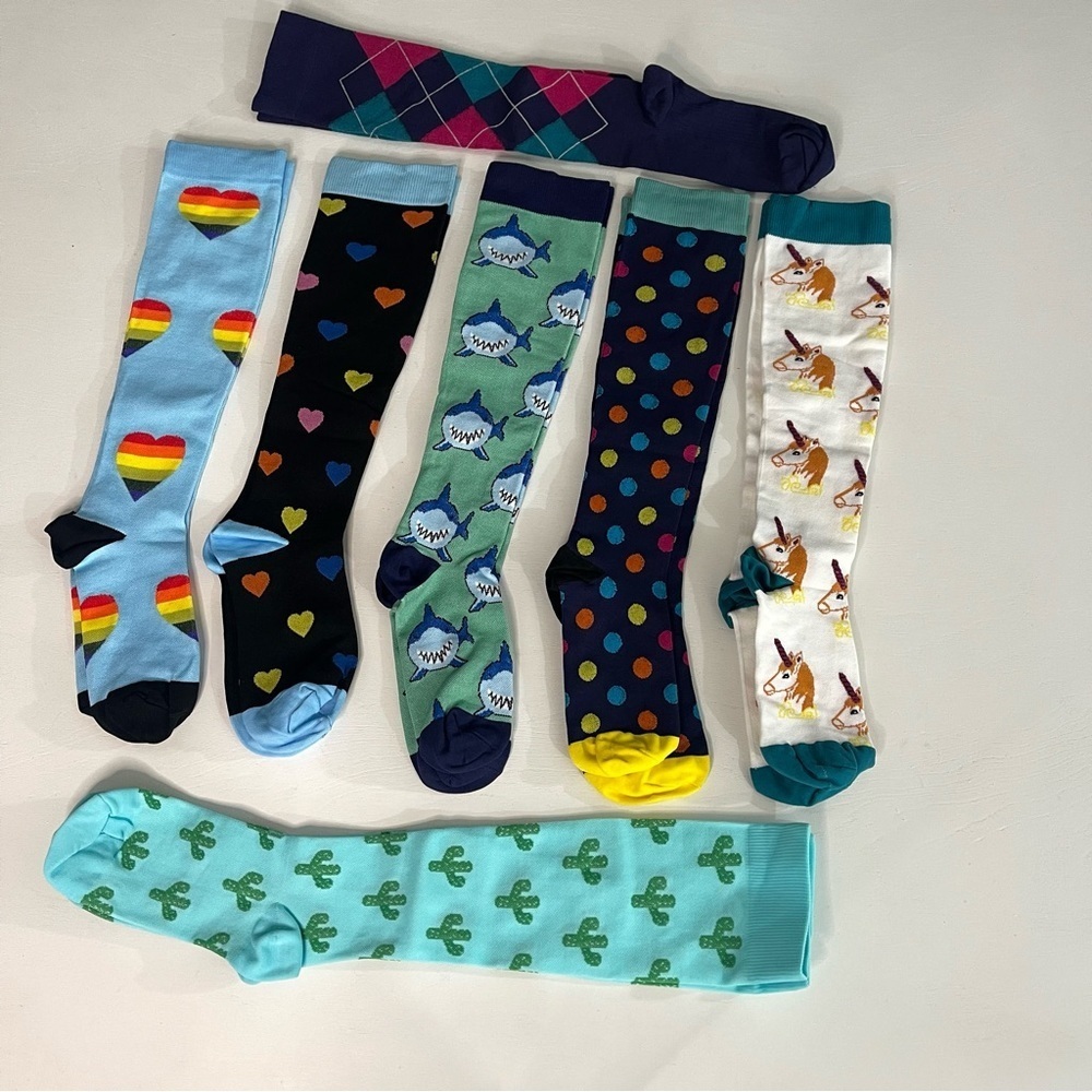 Green and Blue Argyle and Cacti Socks Collection Set of 7